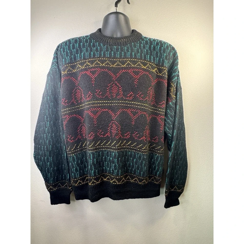 Lukoil Sweater Mens XL Black Geometric Wool Cotton Blend Vintage Made In Italy